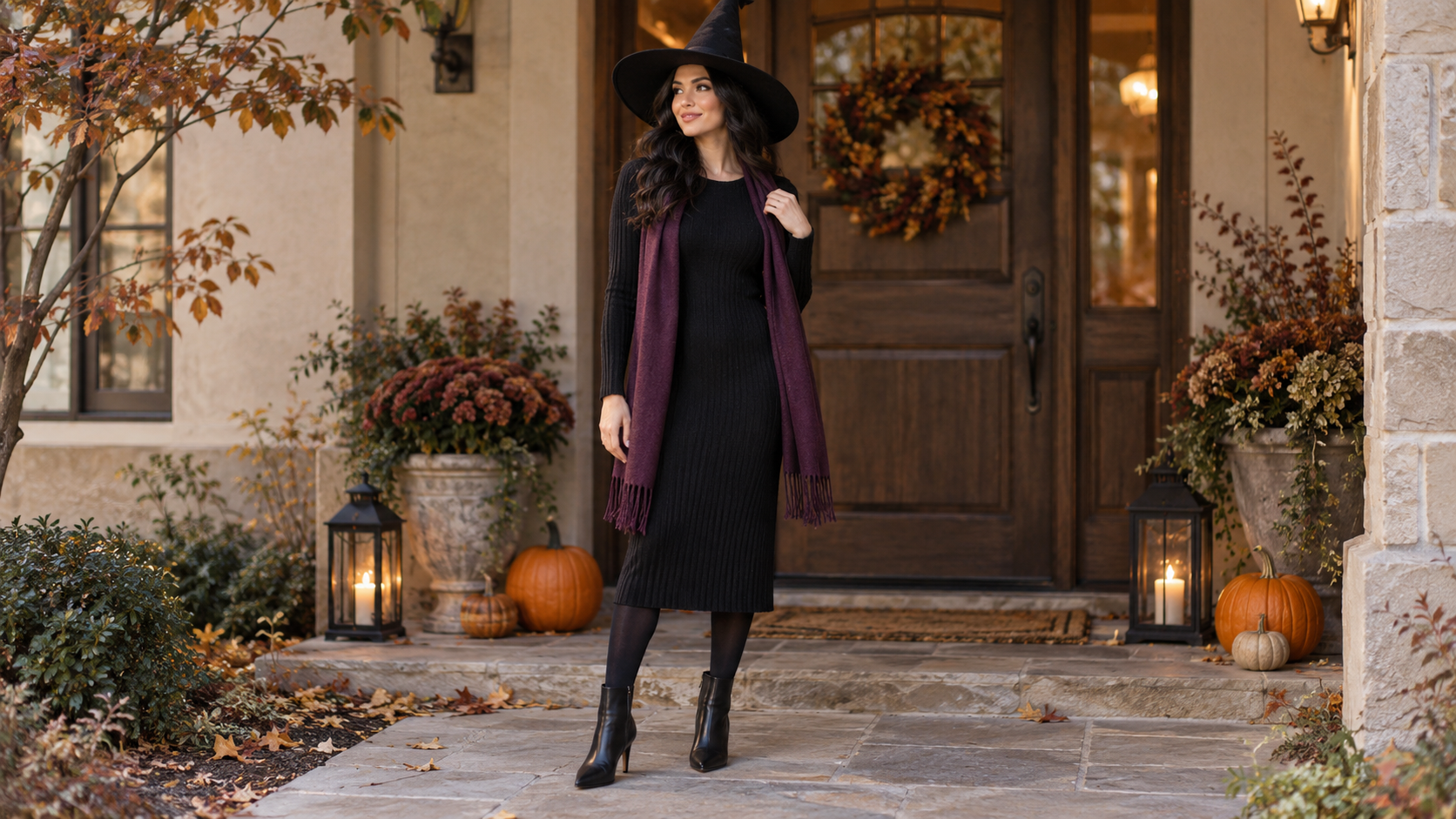 Purple and Black Witch Costume with Black Midi Dress and Plum Scarf